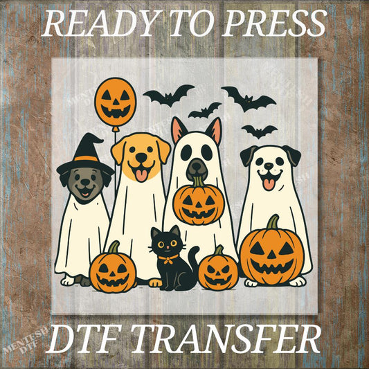 Halloween Dogs DTF Transfer, Ready to Press Spooky Paw & Ghost Design