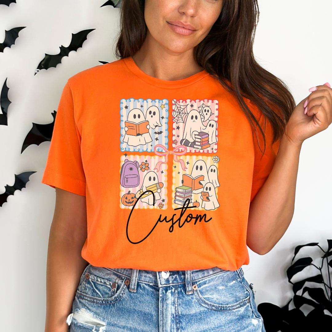 A woman wearing an orange t-shirt with a graphic design of four cartoon ghost characters and the word "Custom" printed on it.