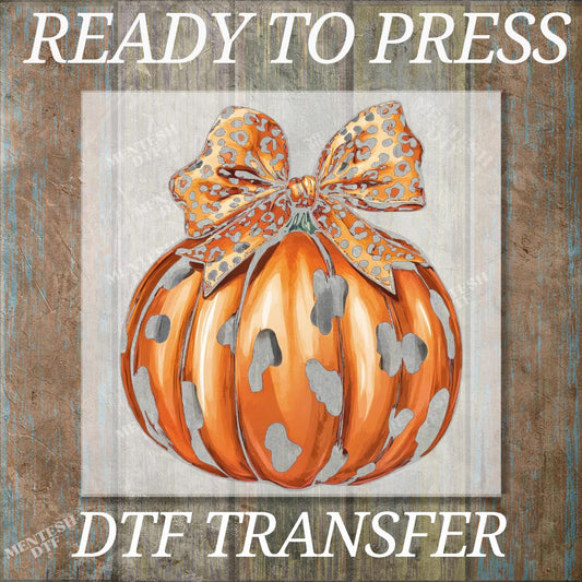 Leopard Pumpkin DTF Transfer, Bold Animal Print Jack O Lantern, Trendy Fall Halloween Shirt Design, Orange Bow Ready to Press
