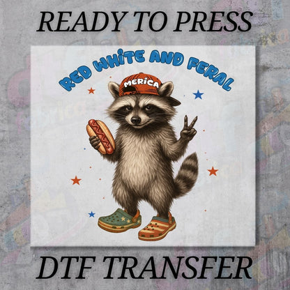 Red White And Feral Racoon 4th Of July Dtf (df-1)