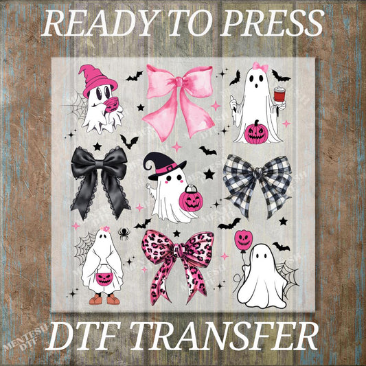 Halloween Cute Ghost Ready to Press DTF, Pumpkin Coquette Bow Transfer, Retro Spooky Print, Fall Ghost Shirt Decal, Halloween DTF