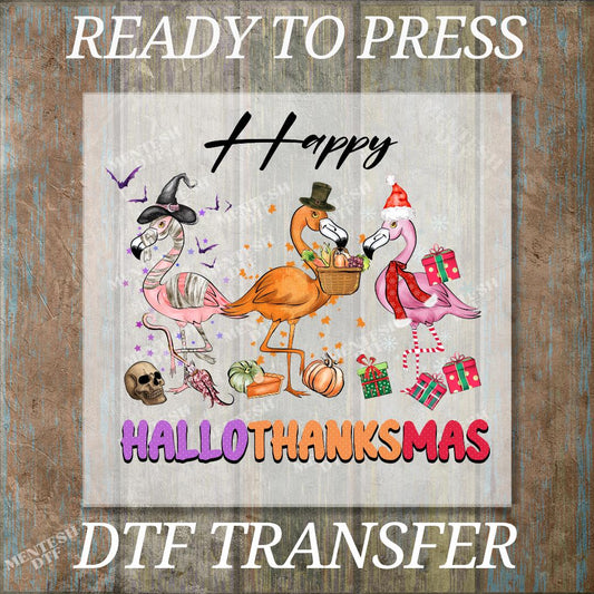 Happy Hallothanksmas Flamingo DTF Transfer, Ready to Press Funny Holiday Design