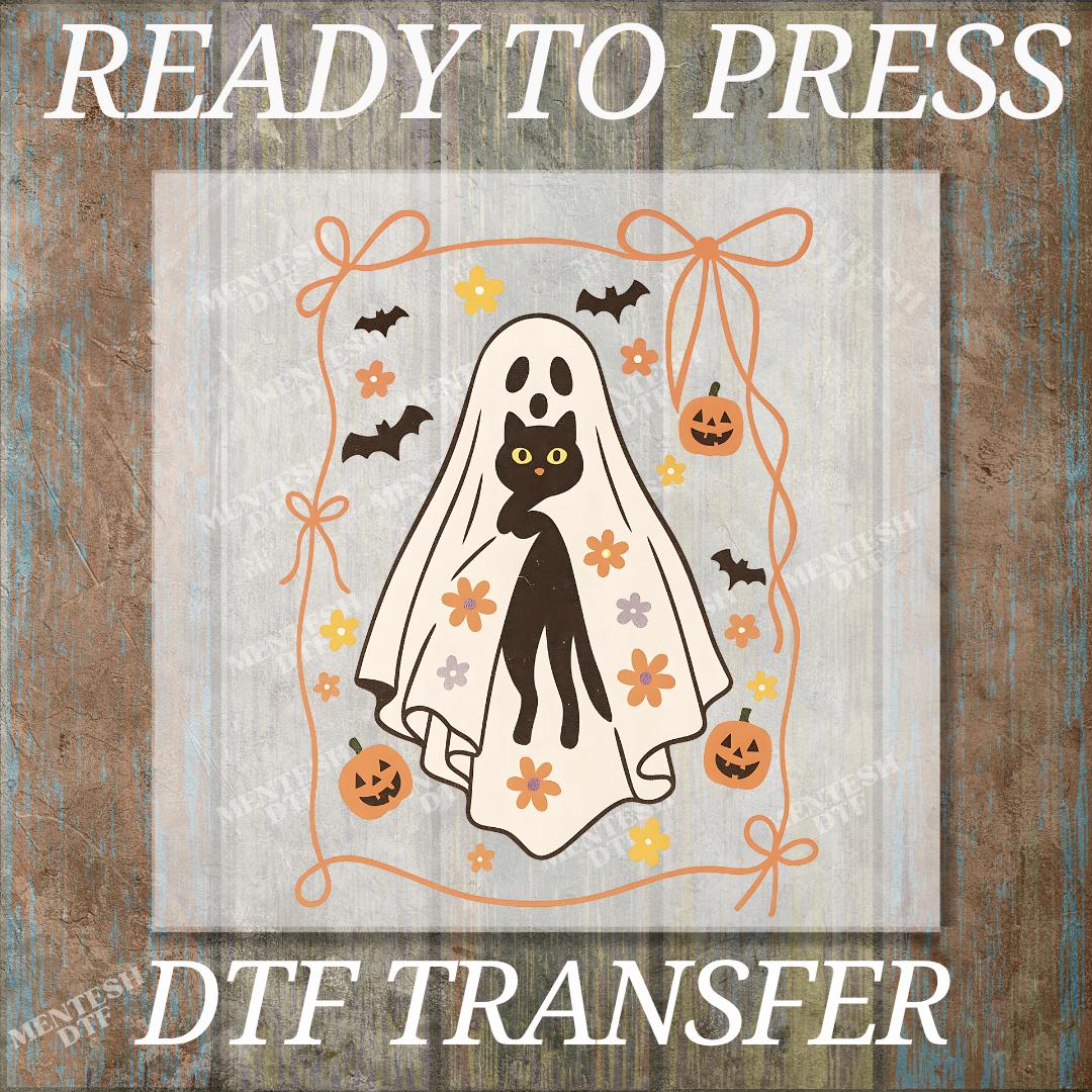 Ghost Cat Halloween DTF Transfer, Cute Spooky Cat Mom Shirt Print, Ready To Press Heat Transfer, Cat Lover Ghost Design, Cold Peel DTF Print
