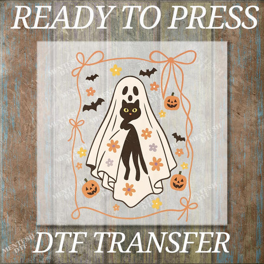 Ghost Cat Halloween DTF Transfer, Cute Spooky Cat Mom Shirt Print, Ready To Press Heat Transfer, Cat Lover Ghost Design, Cold Peel DTF Print