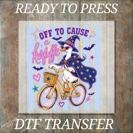 Halloween Goose Witch Ready to Press DTF Transfer, Striped Goose Bicycle Funny Halloween Print, Preppy Goose Witch Spooky Season