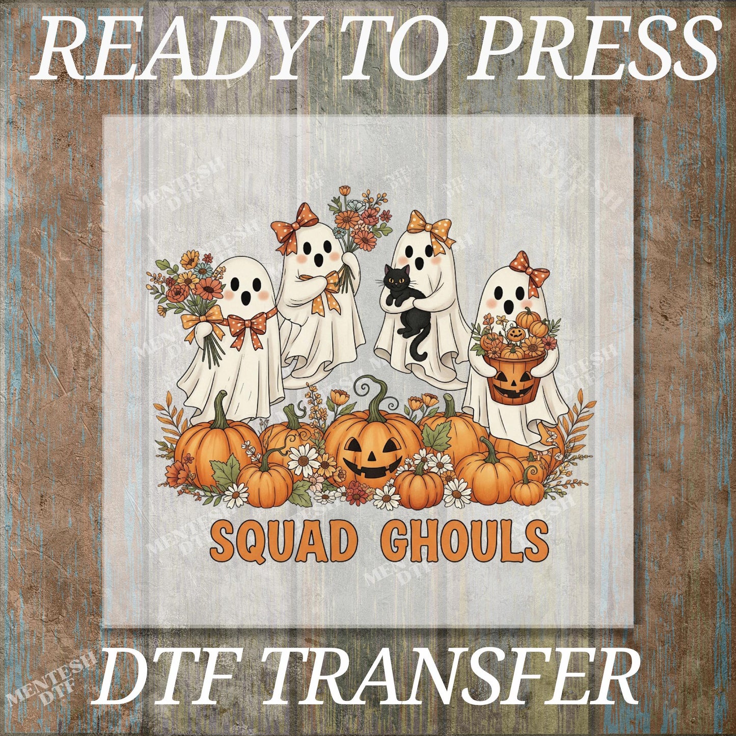 Squad Ghouls Halloween DTF Transfer | Cute Ghost Friends with Pumpkins & Flowers | Ready to Press Fall Shirt Design for Spooky Season