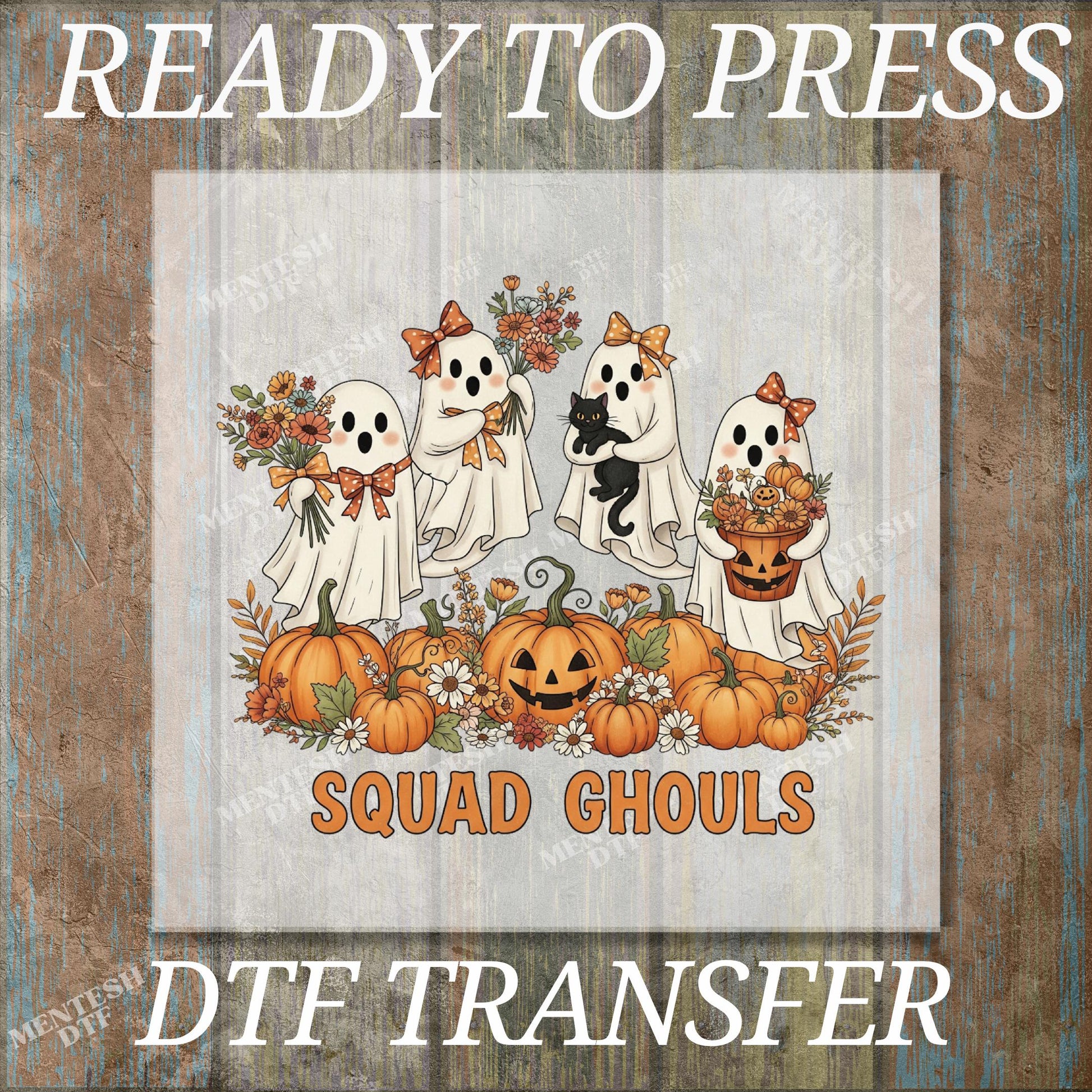 Squad Ghouls Halloween DTF Transfer | Cute Ghost Friends with Pumpkins & Flowers | Ready to Press Fall Shirt Design for Spooky Season