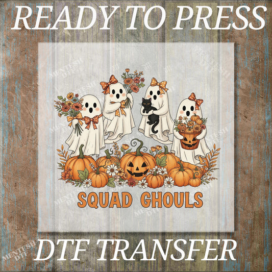 Squad Ghouls Halloween DTF Transfer | Cute Ghost Friends with Pumpkins & Flowers | Ready to Press Fall Shirt Design for Spooky Season