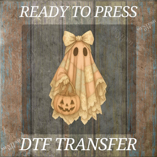 Preppy Patchwork Ghost DTF Transfer, Ready to Press Coquette Halloween Pumpkin Design