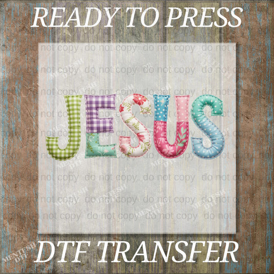 Jesus DTF Transfer, Ready to Press, Floral Christian Iron On, Faux Quilted Patchwork, Cottagecore Preppy Print