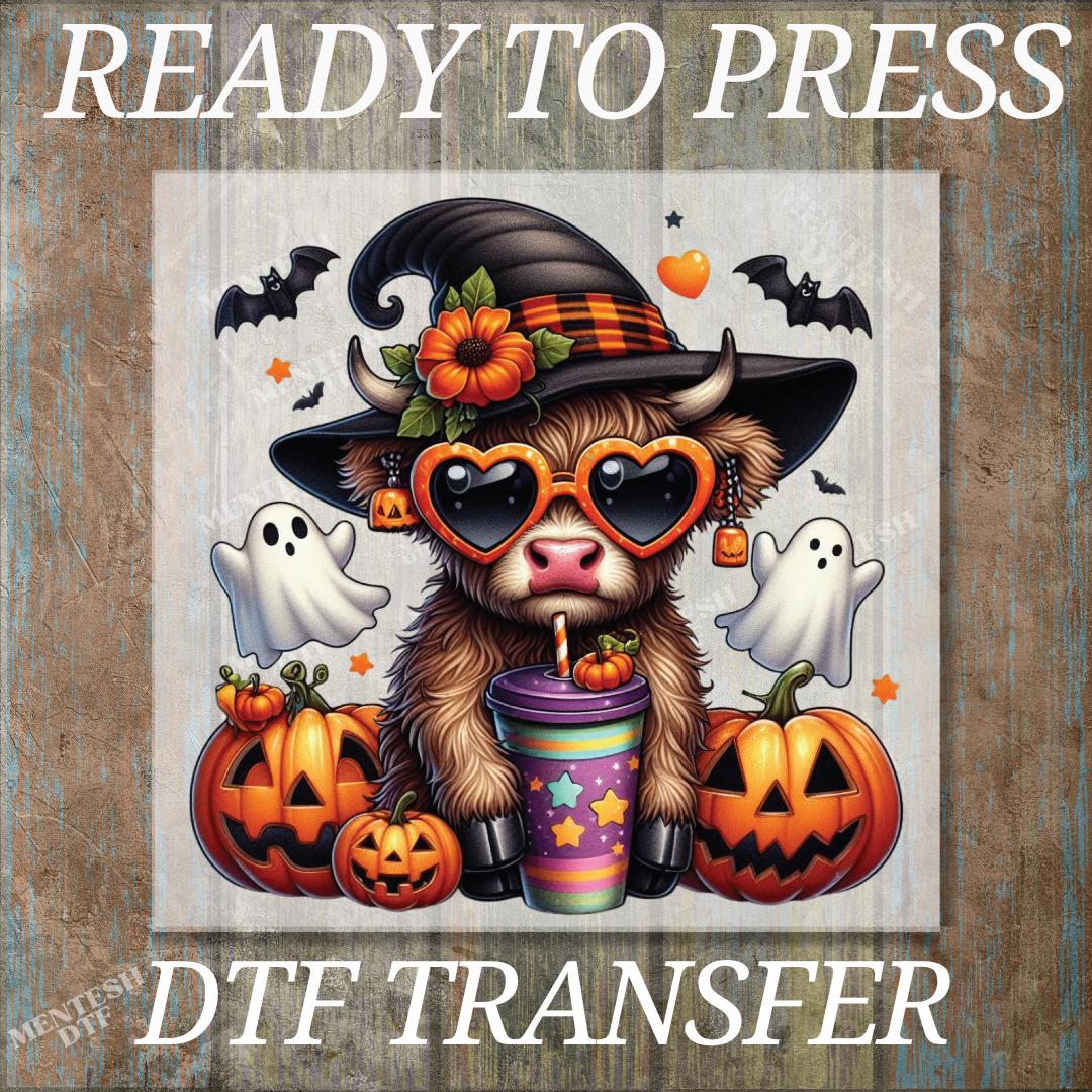 Halloween Highland Cow DTF Transfer, Spooky Ghost Cow Print, Pumpkin Cow Ready To Press Design, Fall Halloween Heat Transfer
