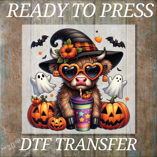 Halloween Highland Cow DTF Transfer, Spooky Ghost Cow Print, Pumpkin Cow Ready To Press Design, Fall Halloween Heat Transfer