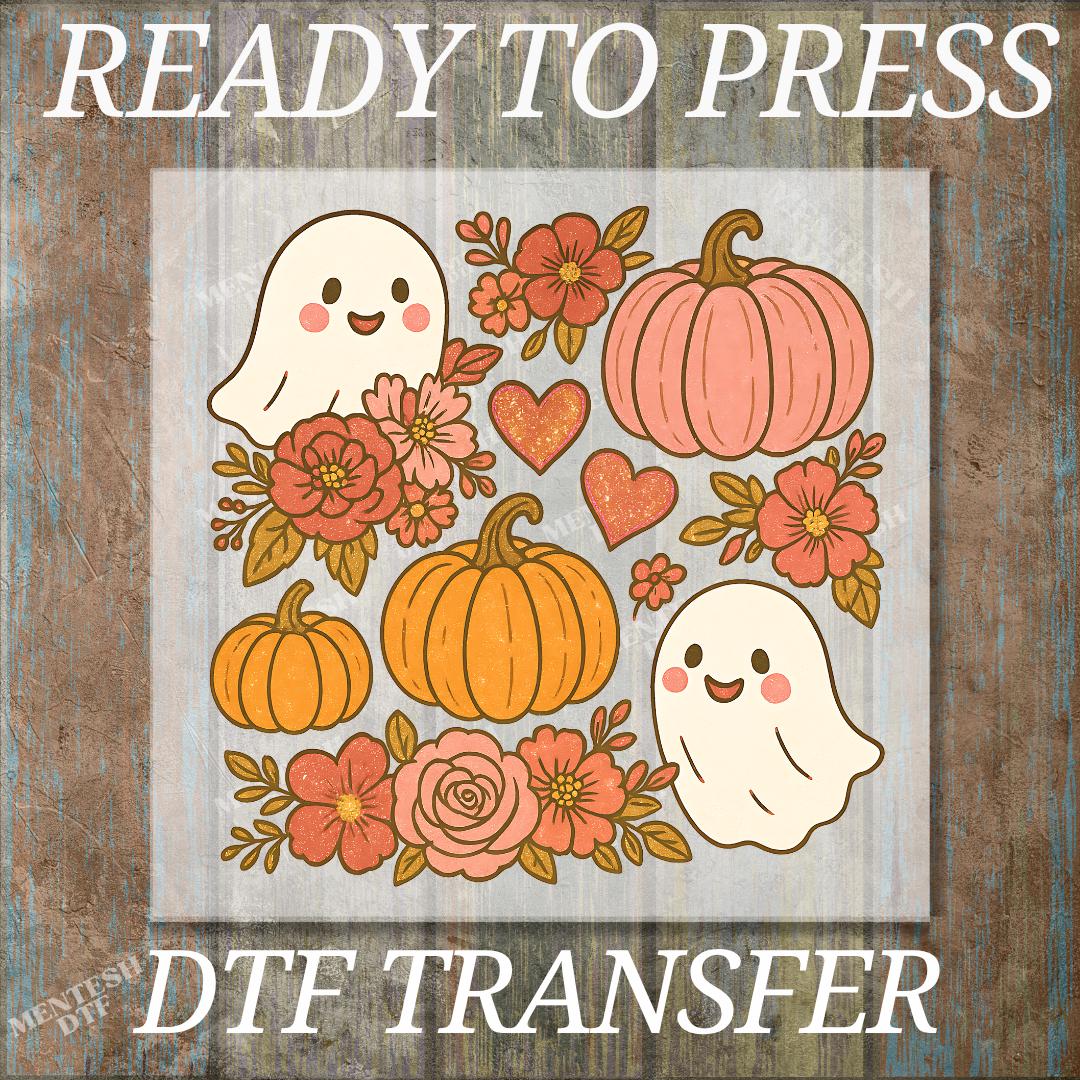 Halloween Ghost Pumpkin DTF Transfer,Spooky Season Ready to Press Print,Cute Ghost and Pumpkin Shirt Design,Iron On Fall Heat Transfer Decal