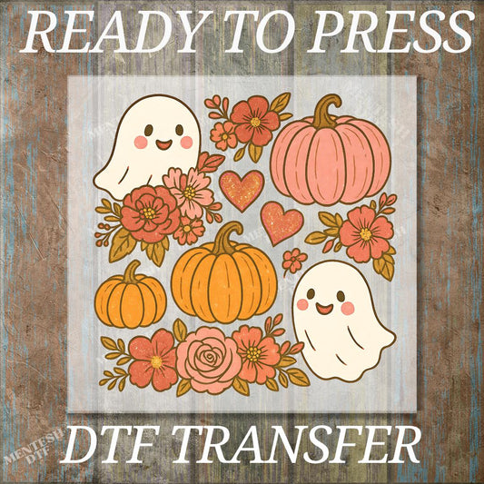 Halloween Ghost Pumpkin DTF Transfer,Spooky Season Ready to Press Print,Cute Ghost and Pumpkin Shirt Design,Iron On Fall Heat Transfer Decal