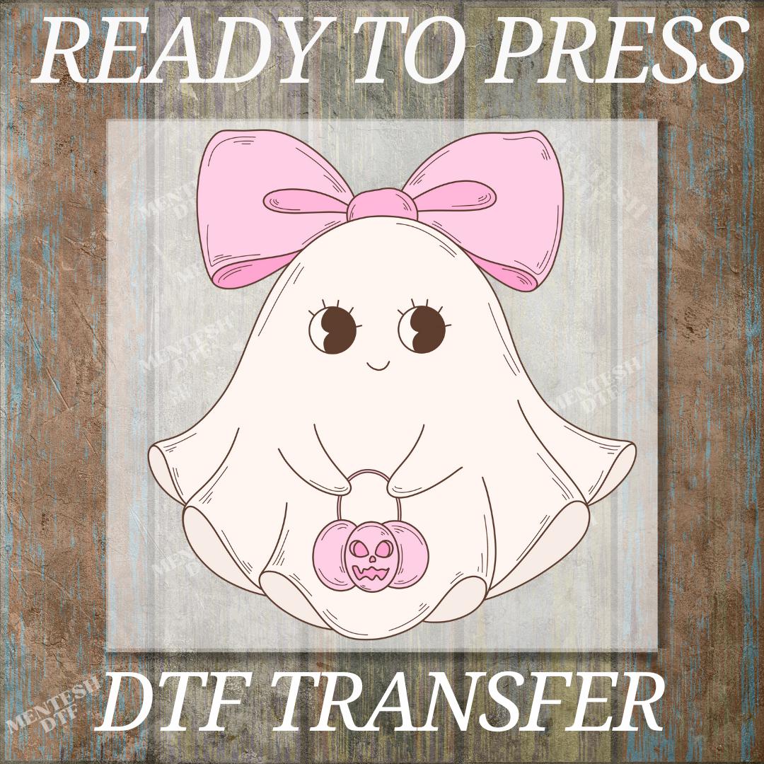 Retro Pink Ghost DTF Transfer, Boo Sheet Coquette Shirt Print, Cute Halloween Pumpkin Design, Ready To Press Spooky Season Heat Transfer
