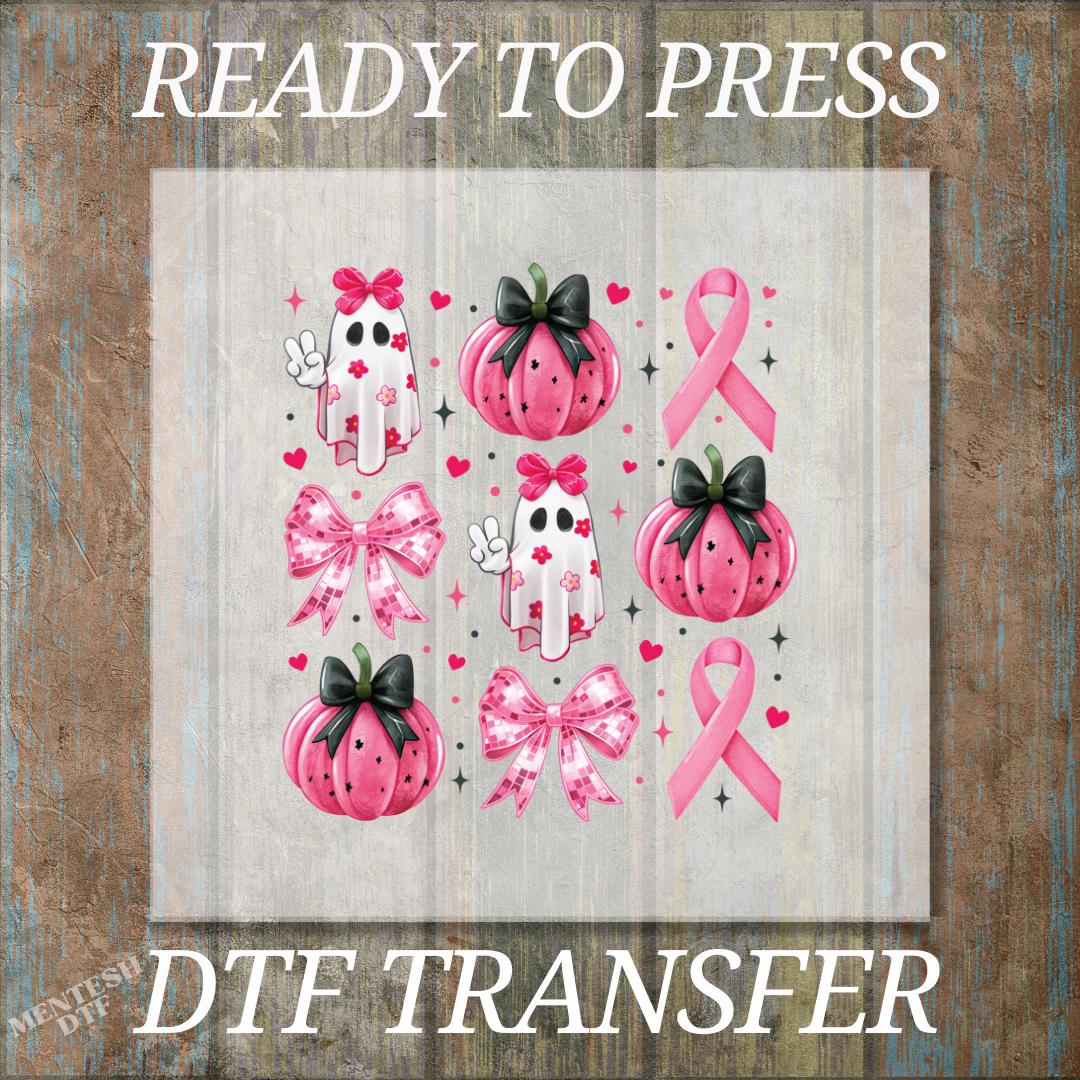 Pink Ghost Coquette Bow DTF Transfer, Ready to Press for Breast Cancer Awareness Shirts