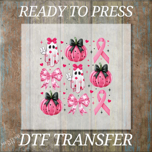 Pink Ghost Coquette Bow DTF Transfer, Ready to Press for Breast Cancer Awareness Shirts