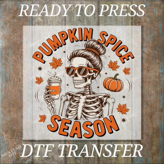 Skeleton with Pumpkin and Coffee DTF Transfer, Ready to Press 'Just Waiting for Halloween' Design