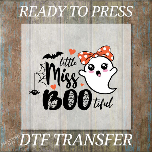 "Little Miss Bootiful" Ghost DTF Transfer, Ready to Press Halloween Design for Kids and Girls